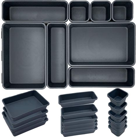 Set mit 24 extra tiefen Schubladeneinsätzen aus Kunststoff, universelle Form, hält Schubladen in Büro und Zuhause ordentlich