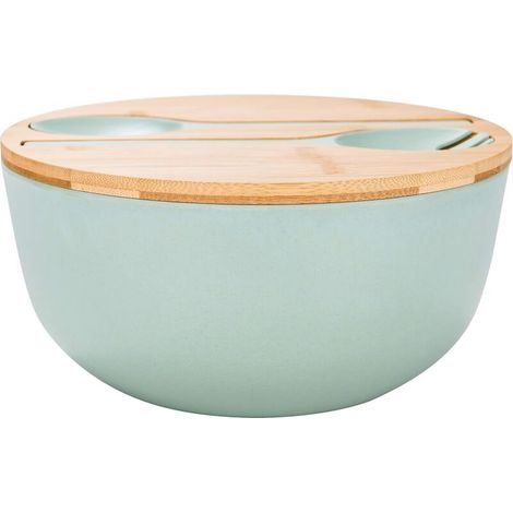 Saladier en fibre de bambou avec ensemble de serveurs - Grands bols à mélanger de 9,8 pouces Bol en bois à salade en bambou massif avec cuillère à couvercle en bambou pour fruits, salades et décoratio (1/5)