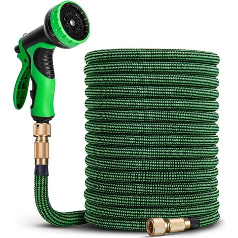 30 m langer, dehnbarer Gartenschlauch – Verstellbarer Wasserschlauch mit 1/2"- und 3/4"-Adaptern (19 mm und 13 mm), 9 Bewässerungsmodi, strapazierfähigem Dreischicht-Latex mit Messinganschlüssen und T (1/4)