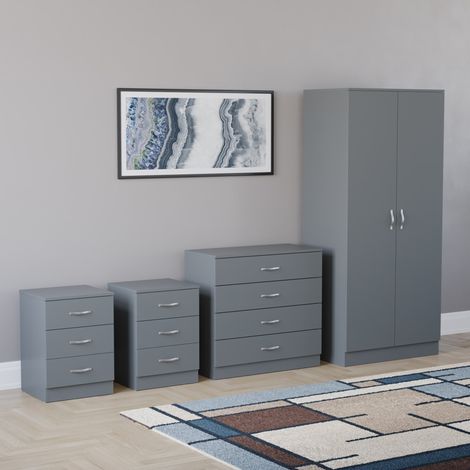 Riano 4 Piece Bedroom Set (3 Drawer Bedside Chest, 4 Drawer Chest, 2 Door Wardrobe) Grey (1/5)