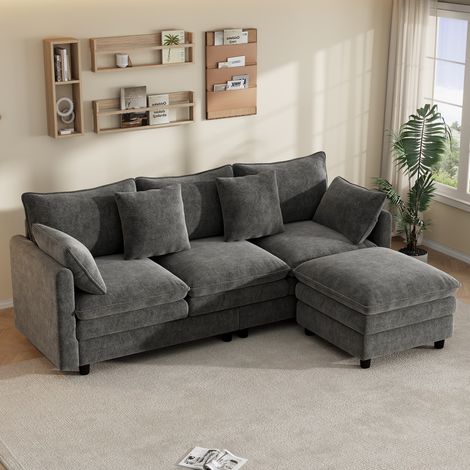 Sofá esquinero de 3 plazas con chaise longue modular, cojines, 212x150x90 cm, chenilla gris (1/5)