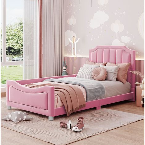 DESVIAE Lit enfant rembourré 90 200 cm en flanelle avec dossier et tête de lit structure à lattes en bois rose pour chambre et salon (1/5)