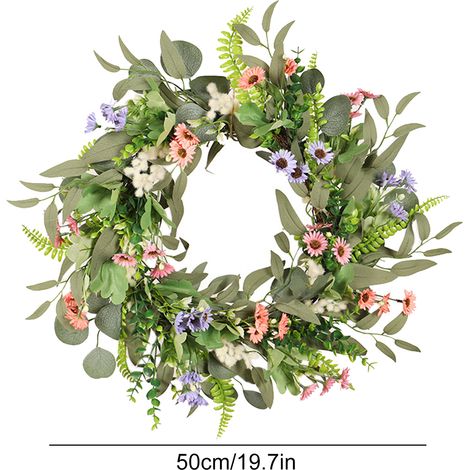 Couronne de fleurs artificielles eucalyptus et marguerites, vigne, diamètre extérieur 50 cm, dimensions 35x35x5, 290 pièces (1/5)