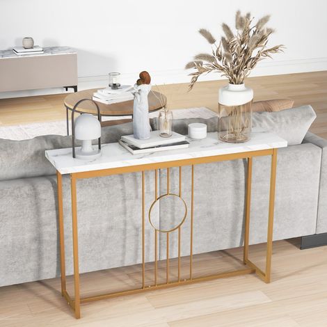 Table Console de 120 cm Table d'Entrée Moderne avec Plateau en Marbre Artificiel et Cadre en Métal Robuste Table pour Salon Couloir Entrée Blanc Maison Chic (1/4)