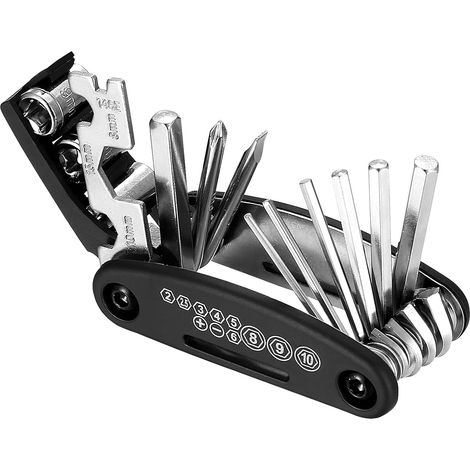 Kit di riparazione per biciclette 16 in 1, accessori per mountain bike, attrezzo multifunzionale, attrezzo multifunzione per biciclette, kit di riparazione tascabile per mountain bike elettriche (1/4)
