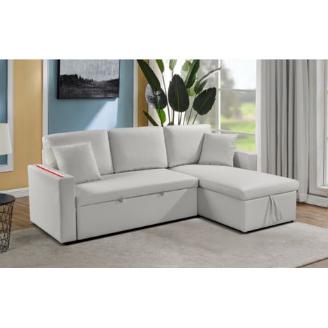 Divano letto contenitore, reversibile angolare, led, ecopelle bianco chaise longue Sicorage Tuky