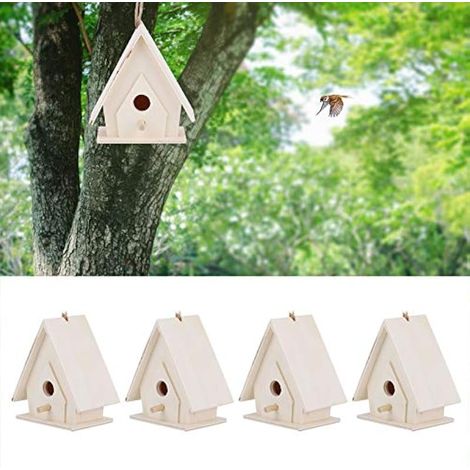 Nichoirs en Bois, 4 Pi¨¨ces de Mini Nichoirs en Bois avec Poteau, Artisanat D'ornement de Cage de Nids d'oiseaux Suspendus pour D¨cor de Cour de Jardin (1/3)