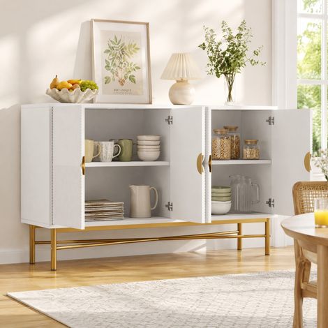 Sideboard mit Erhabener Textur 160cm, Schrank mit Vier Türen Goldene Gebürstete Griffe und Hochglanz Tischbeine, Weiß,160×40×82cm(old sku N657P28156667W) (1/5)