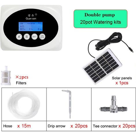 (Tuyau d'eau de 15 mètres) Système d'irrigation goutte à goutte intelligent à double pompe, minuterie de pompe à eau, énergie solaire. (1/5)
