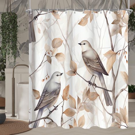 Rideau de douche 240 x 200 cm - Motif oiseau feuilles d'automne - Ourlet lesté - Anti-moisissure - Imperméable - Lavable - En polyester - Avec 16 œillets et anneaux de rideau de douche (1/5)