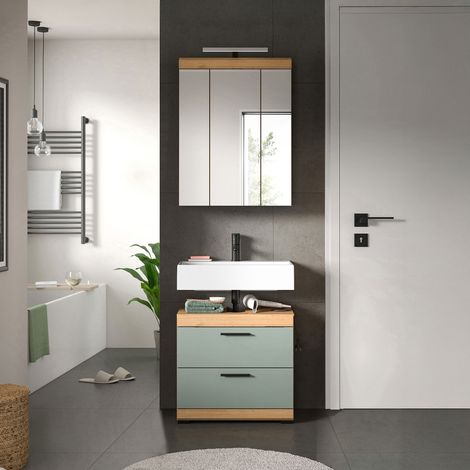 Ensemble 2 meubles de salle de bain chêne brun et kaki + lampe - OLBO