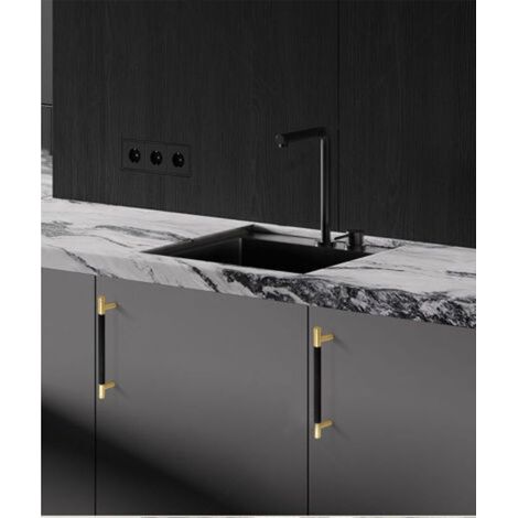Lot de 2 poignées de meuble de cuisine en alliage d'aluminium noir et doré, distance entre les trous de 160 mm, avec vis, adaptées aux tiroirs de bureau (1/5)