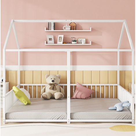Lit enfant 90x200 métal avec échelle et barrières blanc OKMYHOME (1/5)