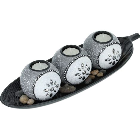 Porte-Bougies lot, 3 bougeoirs Rond pour Bougies Chauffe-Plat, Plateau Forme Feuille, Pierres, Gris-Noir (1/5)