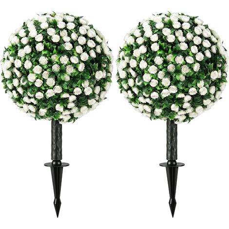 Boules de roses artificielles, résistantes aux UV, adaptées à une utilisation en extérieur, le lot comprend 2 rosiers, 55 cm de haut, blancs. (1/5)