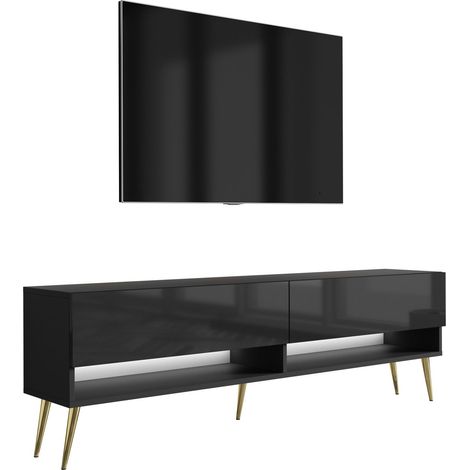Meuble TV : Noir Mat / Noir Brillant, pieds obliques dorés, LED blanche, 170 × 32 × 52 cm (1/5)