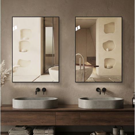 Espejo de baño 50x70 cm con marco de aluminio negro, montaje horizontal y vertical (1/5)