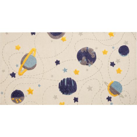 Alfombra de algodón beige amarillo azul oscuro gris 80 x 150 cm planetas estrellas Langsa