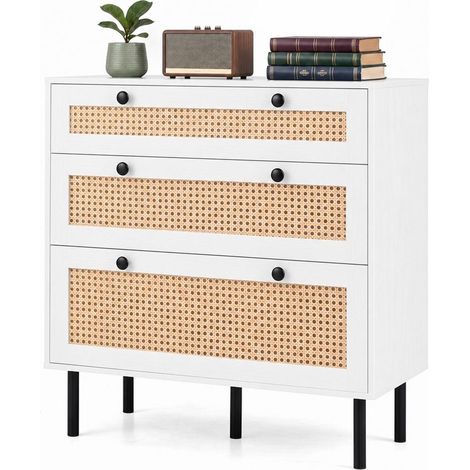 Chambre, entrée ou salon : commode effet rotin à 3 tiroirs avec structure métal stable (1/5)