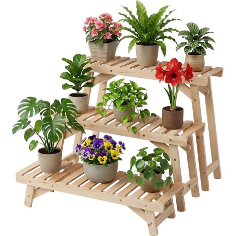 Set di 3 supporti per piante in legno di abete, finitura naturale. (1/5)