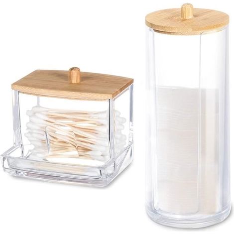 2 pcs Distributeur de Coton à Démaquiller Cotons Tiges en Acrylique Organisateur Boîte de rangement cosmétique pour les cotons et (1/4)