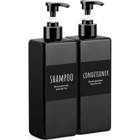 Distributeur de Savon Carrée, 2 Pièces 500ml Rechargeable Bouteille de Shampoing en Plastique avec Étiquette, Flacon Pompe Vide pour Bain, Hôtel, Noir (1/5)