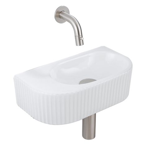 QeramiQ Fuente Ensemble de Lavabo - 40x21.5x12cm - strié - demi-rond - céramique - ensemble de robinet en acier inoxydable brossé - bouchon de vidange (1/5)