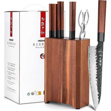 Blocks Knives Chef Knife Sets, Japanese Style Santoku Knife, Stainless Steel Kitchen Scissors, Acacia Wood Knife Block (1/5)