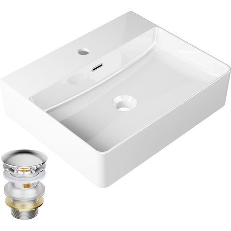 CECIPA MAX Lavabo de cerámica de 50 x 42 cm – Lavabo de sobreencimera y mural, color blanco, con rebosadero e incluye válvula clic-clac – Cuadrado – Para baño y aseo de invitados (1/5)