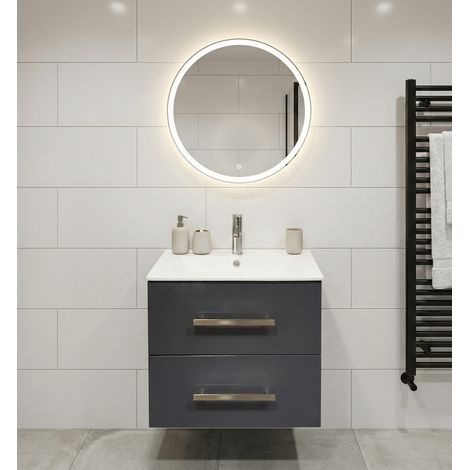 Meuble sous‑vasque Chania 60 cm Suspendu, Meuble de salle de bain laqué Gris Brillant, 2 tiroirs à fermeture amortie, poignées métalliques, miroir rond LED 60 cm fourni, meuble lavabo mural (1/5)
