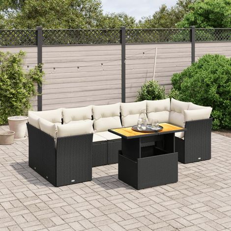 Ensemble Salon Jardin 8 Places Noir Résine Tressée avec Coussins Crème - Table Réglable Hauteur (1/3)