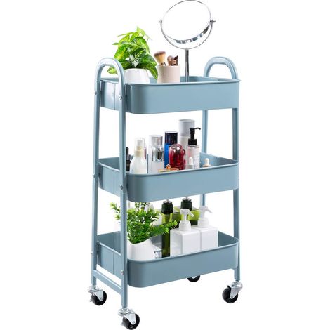 Chariot de Rangement Métal Chariot à roulettes 3 Niveaux Chariots Cuisine Chariots de Service Roulant pour Chambre Salle de Bain Bureau, Gris-Bleu (1/5)
