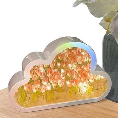 Lámpara de noche con espejo y forma de tulipán nube - Lámpara LED de tulipán nube - Decoración DIY con forma de tulipán, adornos de escritorio para mesita de noche o sala de estar, lámpara rosa