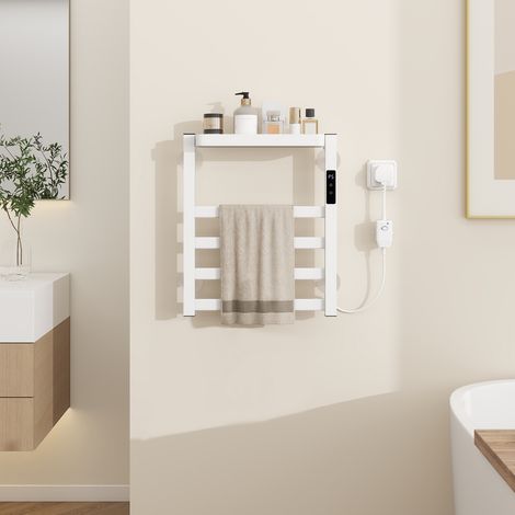 Puluomis – Sèche-serviettes électrique 72W – Chauffage par fibre de carbone – Affichage numérique – Installation murale ou sans perçage – 39,5 x 3 x 47 cm