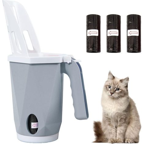 Pelle à litière avec support intégré + poubelle portable + 15 rouleaux de sacs (gris)