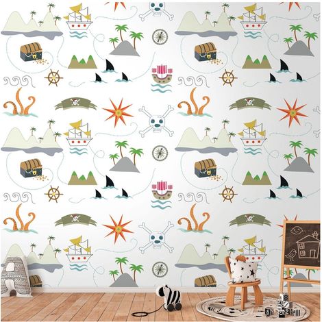 Photo wallpaper Profhome 391921 hot embossed non-woven wallpaper smooth with pattern for kids matt cream grey green orange 1.59 m x 2.8 m (1/4)