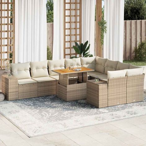 vidaXL Salon de jardin avec coussins 10pcs beige résine tressée acacia (1/5)