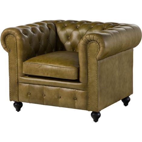 Fauteuil en cuir véritable vert CHESTERFIELD 302 (1/3)