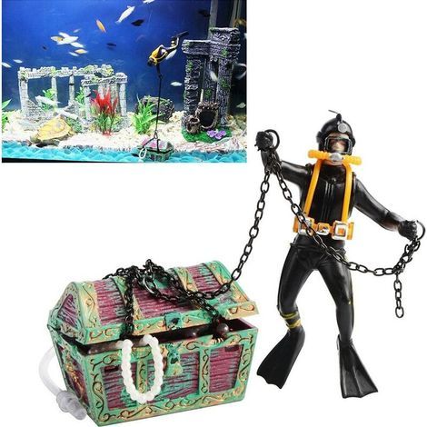 Schatzsucher-Aquarium-Ornamentfisch-Actionfigur Taucher Unterwasser-Taucher Schatztruhe Aquarium Landschaftsdekor Schwarz (1/5)