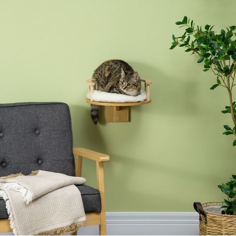 Cama de pared para gatos (Ø34 x 10.5 cm), con borde de protección, cojín extraíble, felpa color roble (1/5)