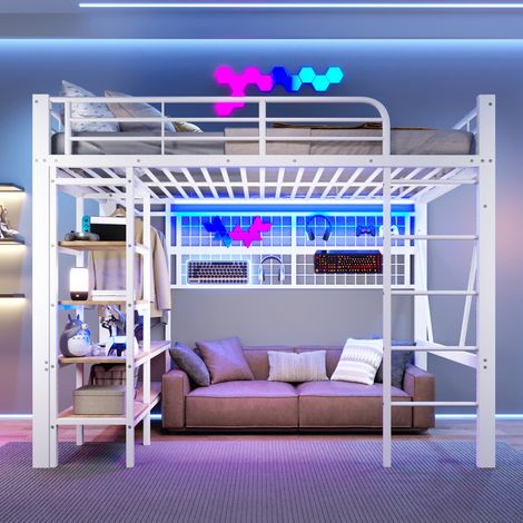 Lit surélevé 140x200 cm, cadre en fer blanc, étagère de rangement, filet suspendu, penderie intégrée, espace ouvert sous le lit, bandeau LED, sans matelas. (1/5)