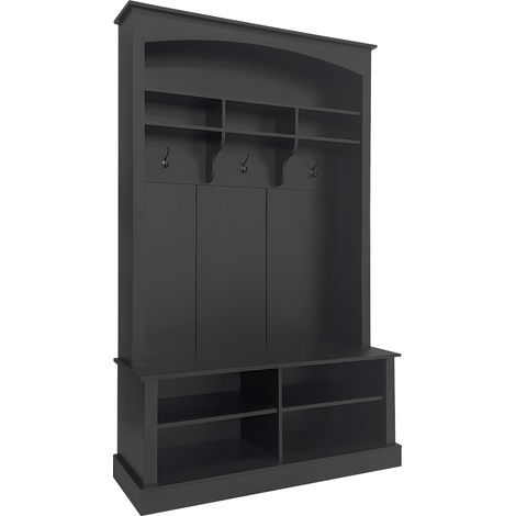 Ensemble d’entrée avec banc et range-chaussures, banc de rangement multifonction à 3 crochets suspendus et espace de rangement ouvert, meuble d’entrée rectangulaire avec étagères, noir, H190/L120/P40  (1/5)