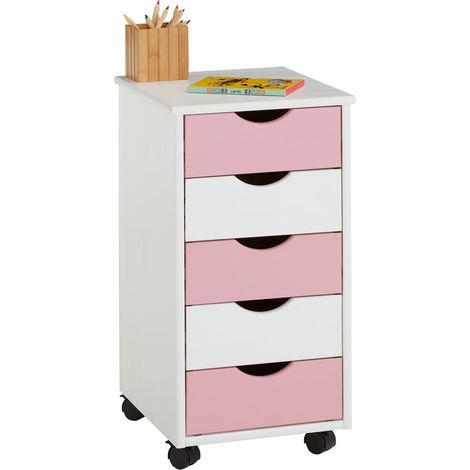 Idimex – Caisson de bureau 5 tiroirs en pin massif lasuré blanc et rose – Dimensions 35 cm – Sur roulettes pour rangement flexible