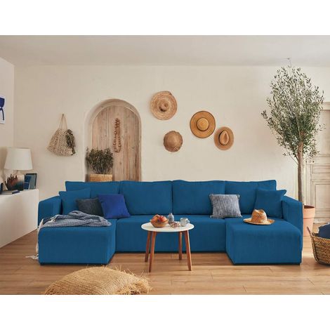 Bestmobilier – Canapé panoramique 7 places convertible avec coffre – Velours côtelé bleu ardoise – Style boho – Dimensions couchage 280x130 cm
