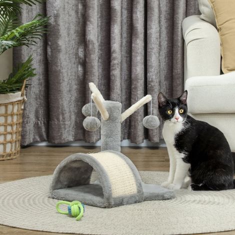 Arbre à chat en sisal et peluche gris clair avec plateforme, pour griffer, se reposer et jouer, 38 x 38 x 40 cm (1/5)