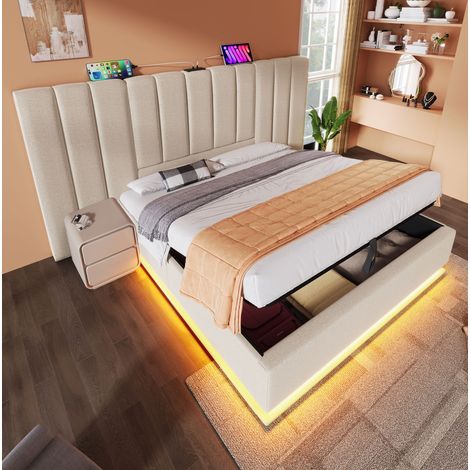 Polsterbett 160/200 cm beige aus Leinen mit LED, Stauraum und Ladefunktion (1/5)