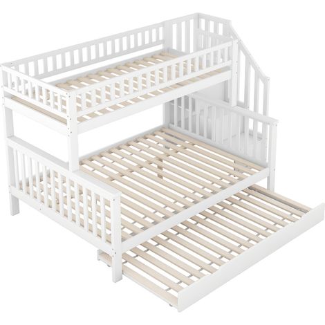 Cama litera 90x200 y 140x200 cm con cama nido, escalera y almacenaje, blanco (1/5)