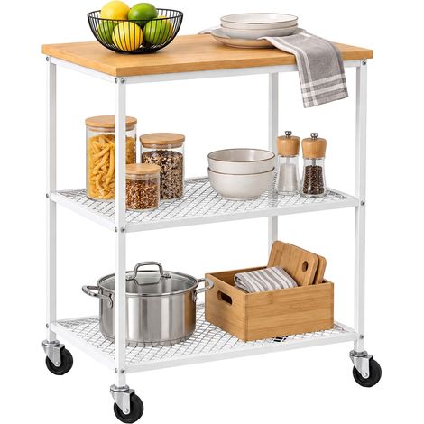 Relaxdays Küchenwagen, 3 Ebenen, mit Nivellierfüße, Rollwagen Küche, Haushalt, Büro, Metall, Servierwagen, weiß/natur (1/5)