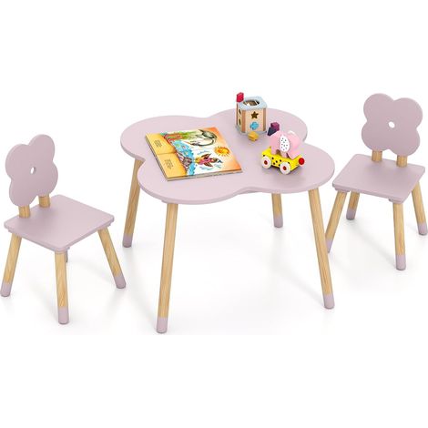 Table Enfant avec 2 Chaises en Forme de Fleur, Table de Jeu et d'Activités avec Pieds en Bois de Pin Massif, pour Tout-Petits de 3+ Ans, Rose (1/5)