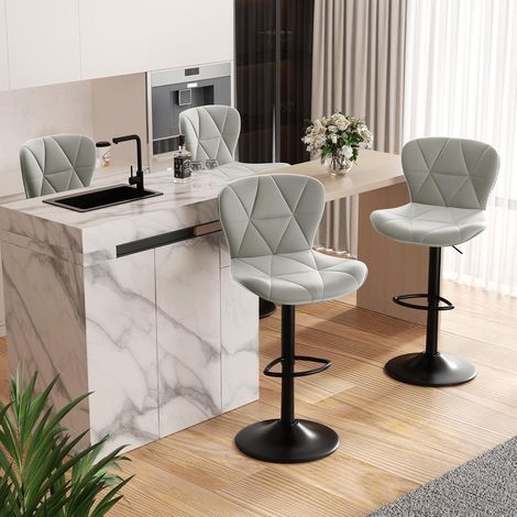 Barhocker 4er Set höhenverstellbar mit Rückenlehne, 360° drehbar, Kunstleder, Hellgrau (1/5)